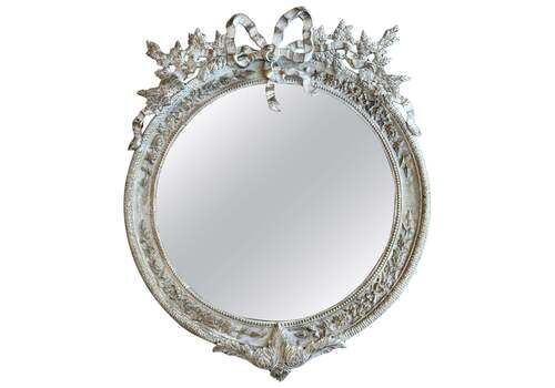 Round French Rococo Gilted & White Bronze Wall Mirror