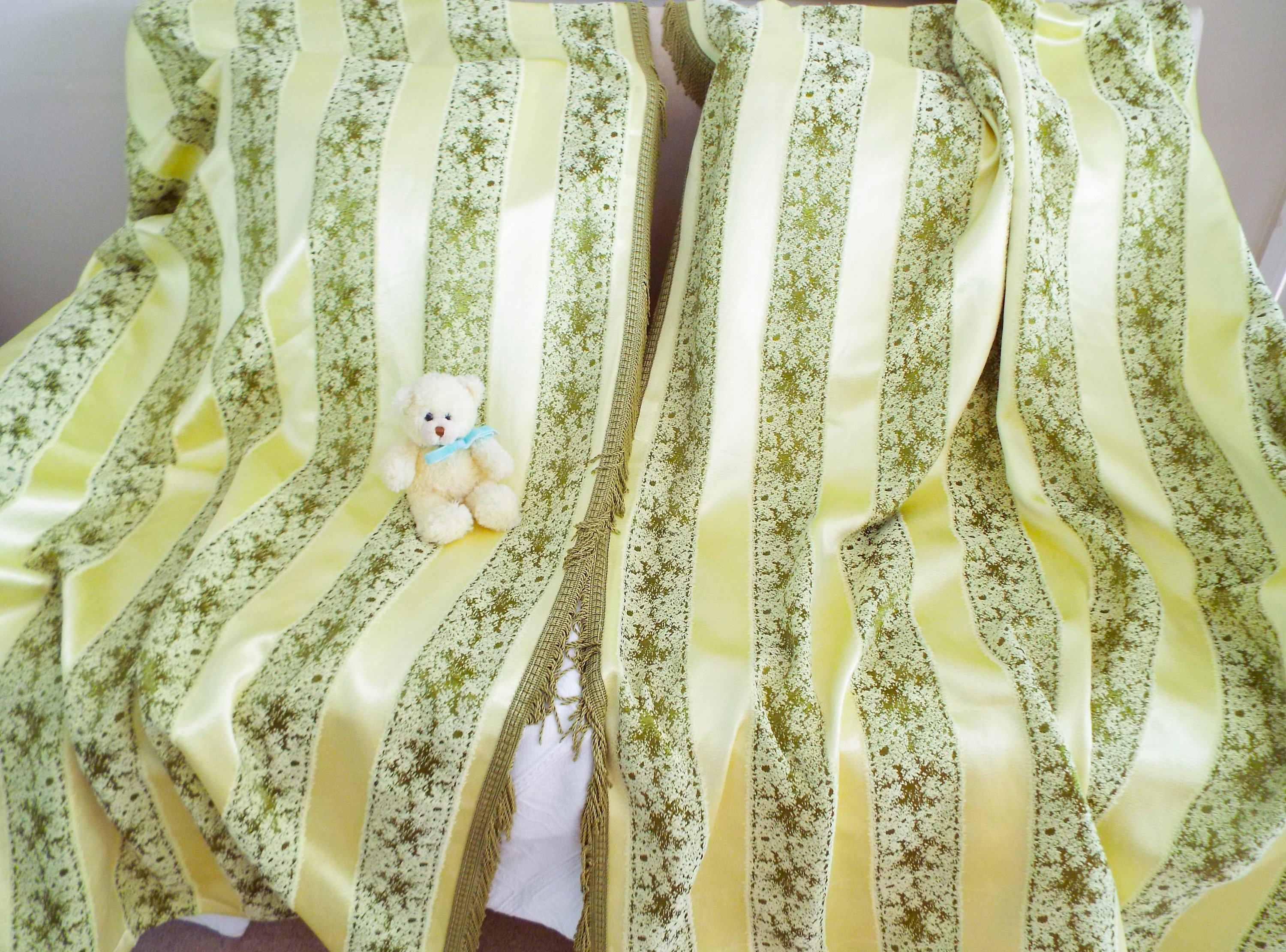 Vintage 1930s Curtains Pale Yellow And Olive Green Satin Brocade