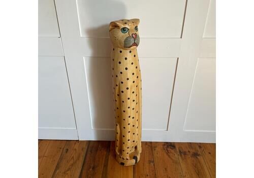 Vintage Wooden Hand Carved Big Cat African Hand Painted Display Ornament Animal Safari Spotted Tall Thin Sculpture Maximalist Decor Cheetah
