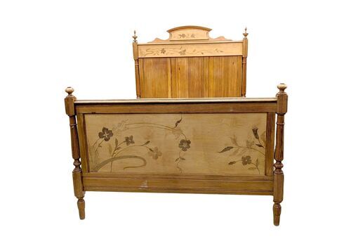 Art Nouveau Bed In Pitch Pine And Maple With Floral Marquetry