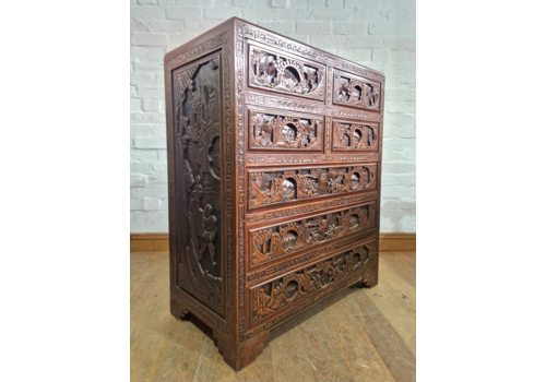 Rare Antique Style Oriental Heavily Carved Camphor Chest Of Drawers
