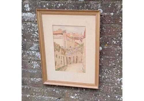 Vintage Mediterranean Watercolour – Sunlit Courtyard Street Scene In Rustic Frame, Tuscan/Provençal Street Painting (C.1950s–70s)