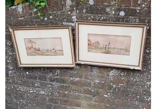 English Countryside Watercolours By J.D. Stewart – Lincolnshire Views In Vintage Frames, Rural Cottage Landscapes (Pair, C.1920s)