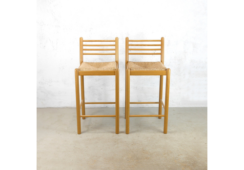 Pair Vintage Mid Century Kitchen Bar Stools Beech Rush Seats 1980s #102931