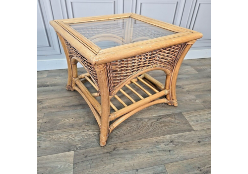 Vintage Bamboo Table Glass Side 2 Tier Rattan Wicker Cane Boho? Tiki? Retro