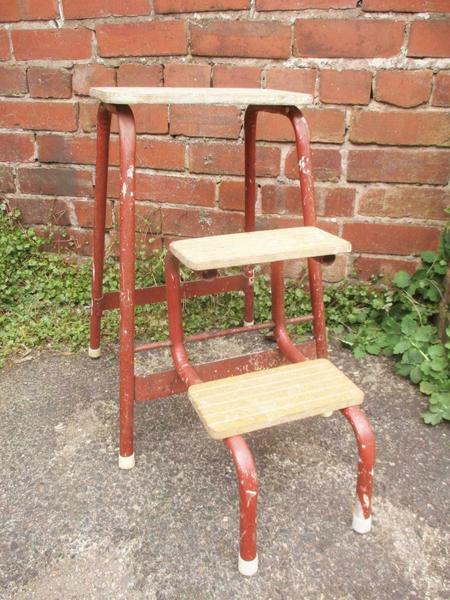 Vintage 50 S Folding Step Stool Metal Wood Ladder Mid Century