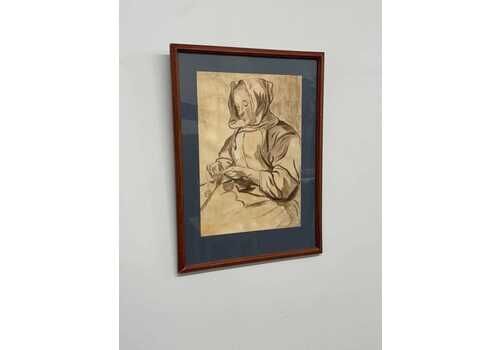 Vintage Framed Watercolour By E. Keeling “Woman Sewing” After Van De Eastland, Sepia Portrait Art, Rustic Wall Decor – Traditional Wall Art