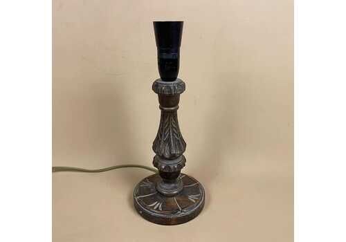 Vintage Hand Carved Wood Lamp Dark Brown Wooden Light Bedside Table Antique Edwardian Farmhouse Cottage Country Style