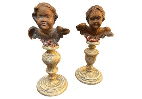 Two Louis Philippe Sicilian Wood Angels On Lacquered Wood Bases