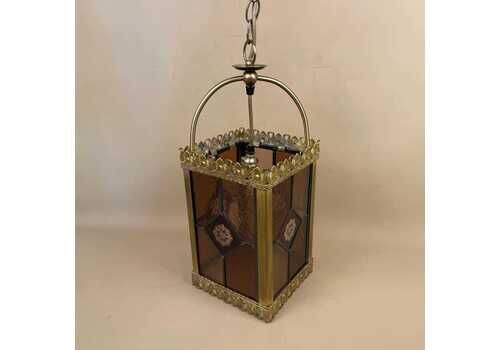 Antique Hanging Ceiling Light Lantern Metal Gold Brass Lamp Indoor Stained Glass Vintage Pendent Lamp Ornate Detail Red Cut Glass