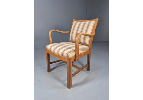Art Deco Oak Elbow Chair 1930s Vintage Danish Design Striped Brown Eb9661 Vclo