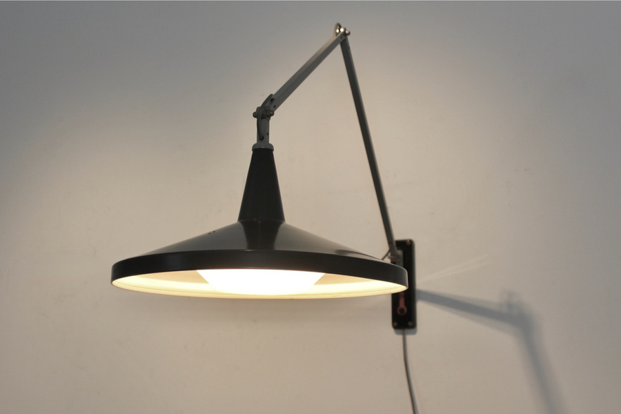 Gispen Panama Wall Lamp No. 4050 By Wim Rietveld & André Cordemeyer – Black With Original Diffuser photo for sale