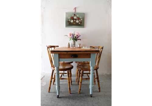 Lovely Pine Kitchen Table In Duck Egg Blue With Turned Legs On Castors And Cutlery Drawer