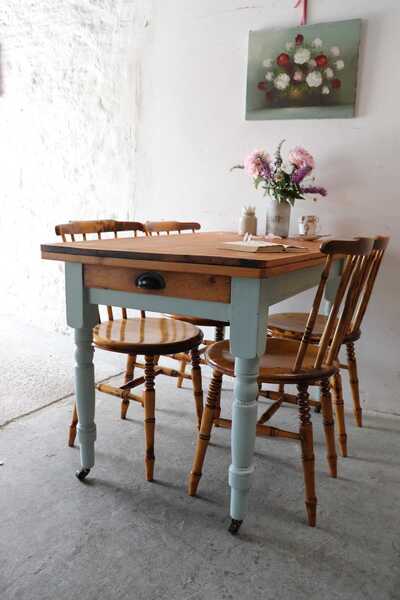Lovely Pine Kitchen Table In Duck Egg Blue With Turned Legs On Castors And Cutlery Drawer photo furniture