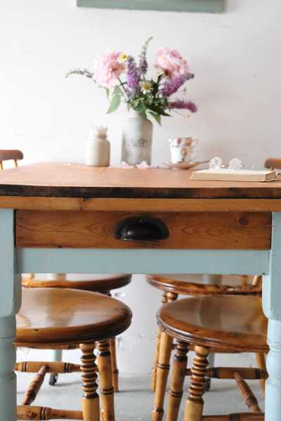Lovely Pine Kitchen Table In Duck Egg Blue With Turned Legs On Castors And Cutlery Drawer photo for sale