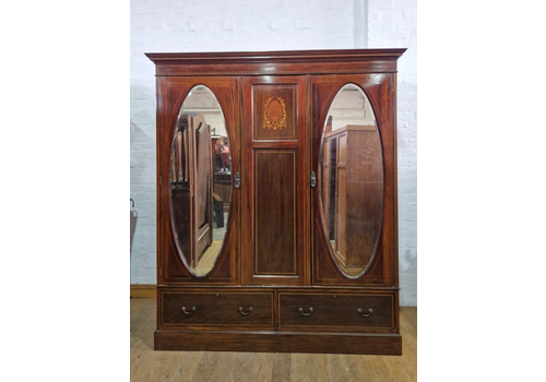 Antique Victorian Inlaid Mahogany Double Mirror Door Wardrobe