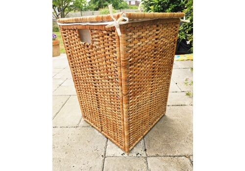 Tall Wicker Laundry Basket With Cream Linen Interior