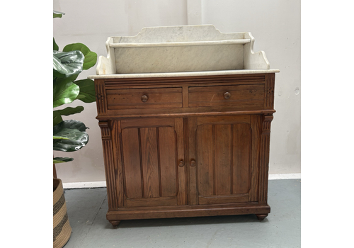 French Pitch Pine Vanity Table Wash Stand With White Marble Top, Circa 1900