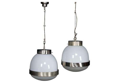 20thc Italian Pair Of "Delta" Opaline Pendant Lights By Sergio Mazza C.1960