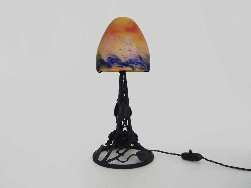 Art Deco Mushroom Lamp With Wrought Iron Base And Glass Paste Globe By Lagny photo for sale