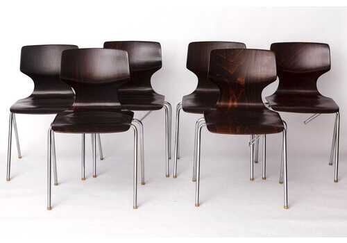 Set 6 Flötotto Pagwood Chair – German Design Classic, 1970s, Chrome & Plywood