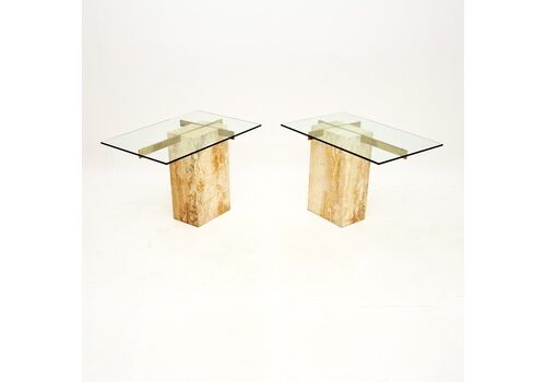 Pair Of Vintage Italian Travertine And Brass Side Tables By Artedi