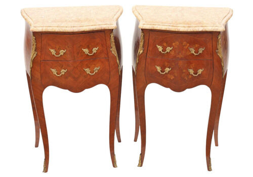 Antique Pair Of Marquetry Bedside Tables With Marble Tops – Early 20th Century Quality Nightstands