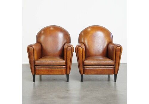 Set Of Two Sturdy Vintage Sheepskin Art Deco Style Design Armchairs