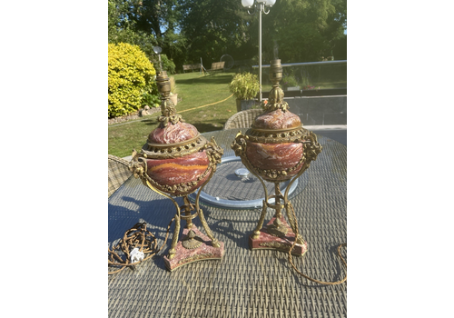 Pair Of Gilt Bronze & Marble Table Lamps French Louis XVI Old Period Antique Set