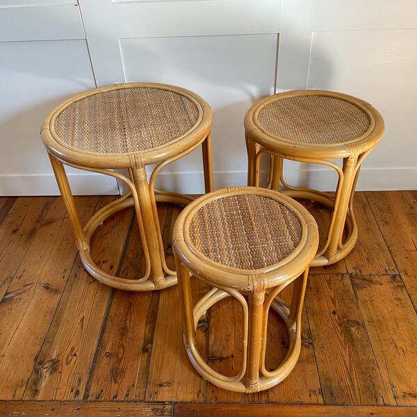Vintage Triple Nest Of Bamboo Table Circle Round Coffee Tables Nesting Tables Plant Stands End Tables Woven Top Boho Retro X3 Three photo furniture