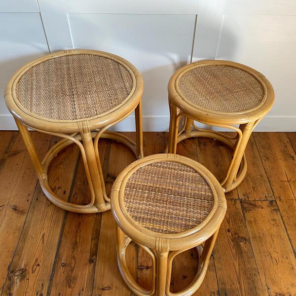 Vintage Triple Nest Of Bamboo Table Circle Round Coffee Tables Nesting Tables Plant Stands End Tables Woven Top Boho Retro X3 Three photo for sale