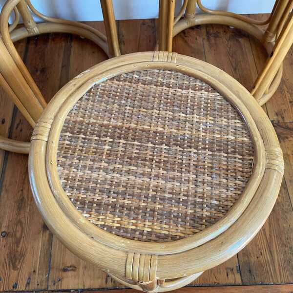 Vintage Triple Nest Of Bamboo Table Circle Round Coffee Tables Nesting Tables Plant Stands End Tables Woven Top Boho Retro X3 Three photo Furniture