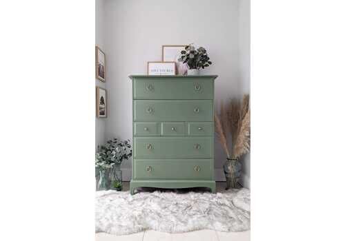 Spray Painted Sage Green Stag Minstrel Tallboy Chest Of Drawers
