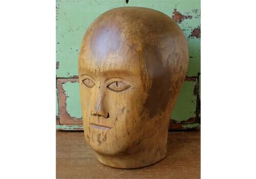 Wood Head & Face Hat Block. Antique French Milliners Mannequin Wig Display.