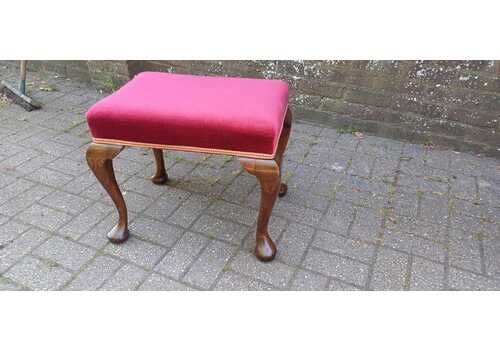 Vintage Queen Anne Style Hardwood Footstool Red Fabric Upholstered Piano Stool Cabriole Legs Occasional Dressing Table Bench