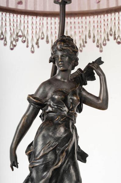 Art Nouveau Style Lamp, Bronze Sculpture, And Glass Shade. photo furniture
