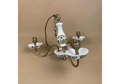Antique Ceiling Capodimonte Italy Light Gold Brass Metal Chandelier Vintage Classic Pendent Hanging Chain 3 Arms Cherub Patterned Hanging