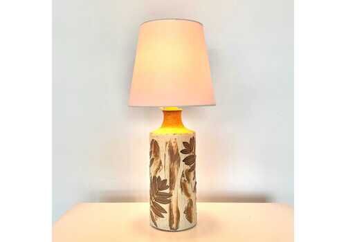 Ceramic Mid Century Table Lamp From Denmark With Plant Pattern And Earthy Colors With A White Fabric Shade