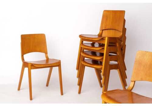Set Of 6 Wilkhahn Stackable Chairs – Beech Wood – Germany 1970s – Vintage Seating