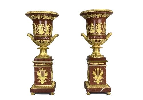 Antique French Empire Style Marble & Gilt Bronze Urns