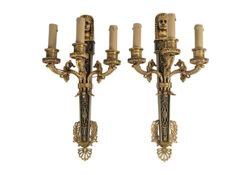 Pair Of Empire Style Wall Lights In Gilded And Patinated Bronze.