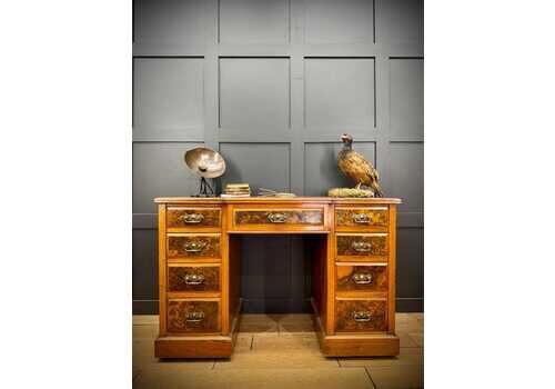 Antique Beech Twin Pedestal Desk With Faux Walnut Drawers & Red Leather Top