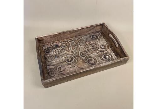 Antique Indian Hand Carved Wooden Tray Patterned Detail Ornate Rectangle Wood Original Pattern Handles Traditional Display Decorative Asian