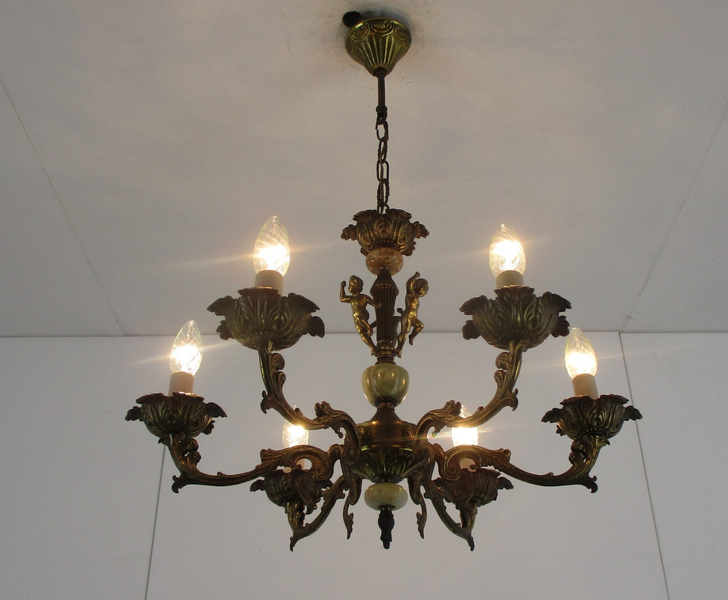 Chandelier 6 Lights Arms Putti Cherub Hollywood Regency Brass Marble Parts photo furniture