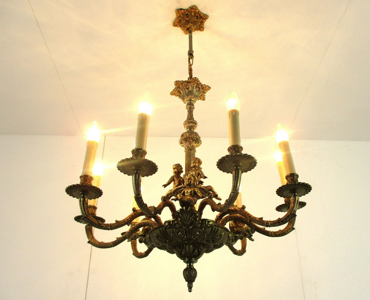 Stunning Chandelier 9 Lights Arm Putti Hollywood Regency Ornate Brass photo furniture