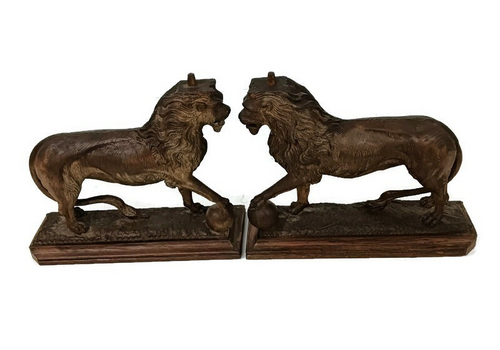 Stunning Antique Hand Carved Wood Figurines Pair Lions Large Trims Reclaimed Arc