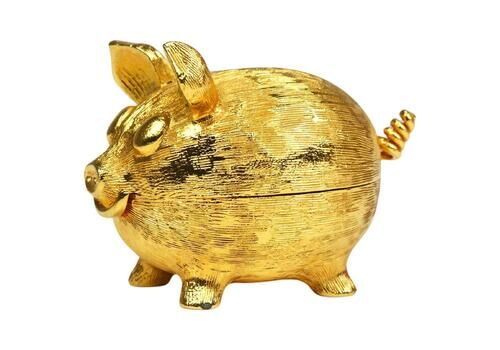 Golden Pig Shaped Salt Cellar Snuff Or Pill Box With Curly Tail As Spoon, 1970s