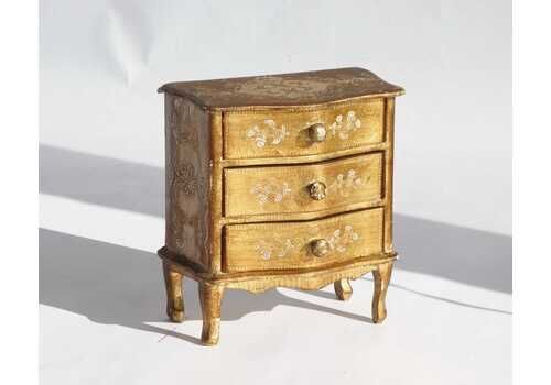 Small Italian Florentine Jewellery Cabinet, Wooden Gold Gilt Chest Of Drawers, Hollywood Regency Miniature Chest
