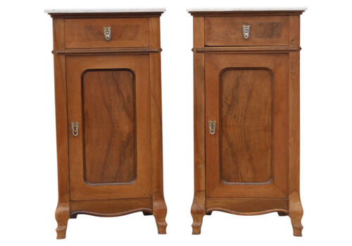 Antique C.1910 Pair Of Cherry & Maple Bedside Tables With Marble Tops – Fine Quality Nightstands