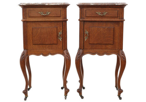 Antique C.1910 Oak Pair Of Marble Top Bedside Tables – Fine Quality Nightstands